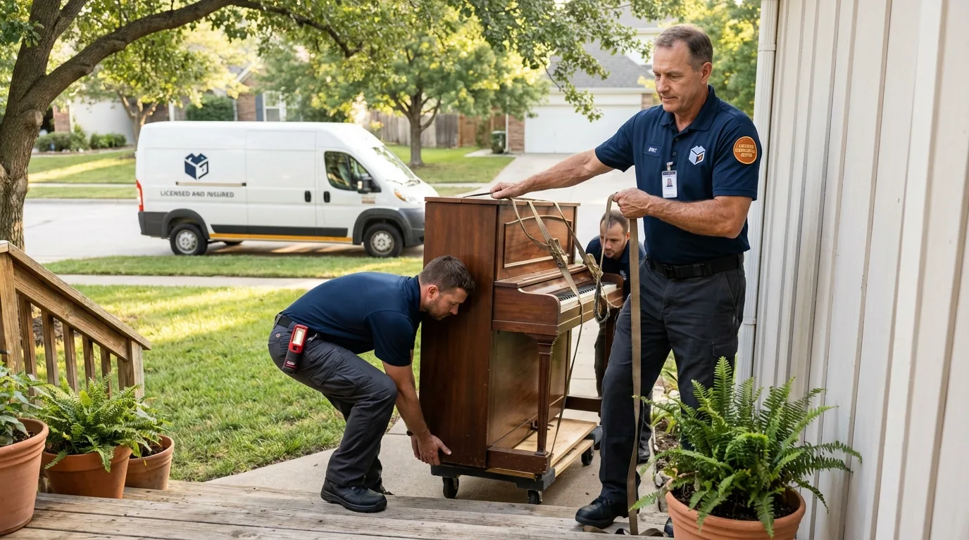 Licensed piano movers securing grand piano in Mapleton, UT