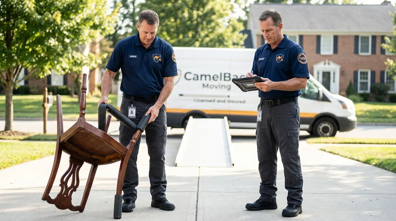 Movers inspecting furniture for damage prevention before loading in Mapleton, UT