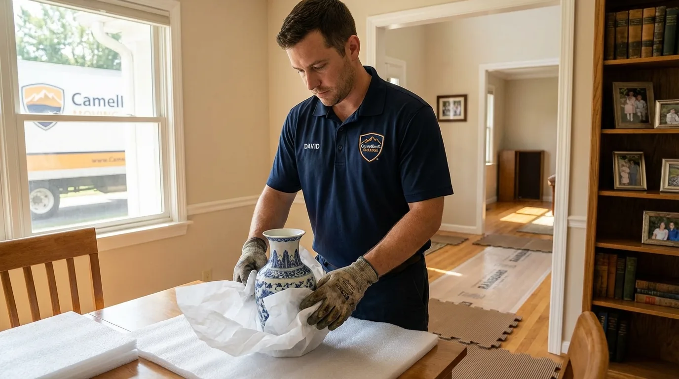 Professional crew carefully wrapping antique vase for senior downsizing move in Mapleton, UT